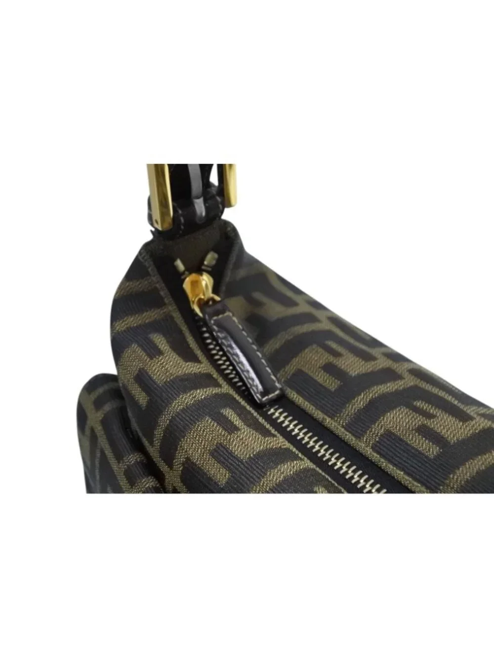 Fendi Mamma Baguette Handbag Zucca Pattern Brown Leather Canvas Gold